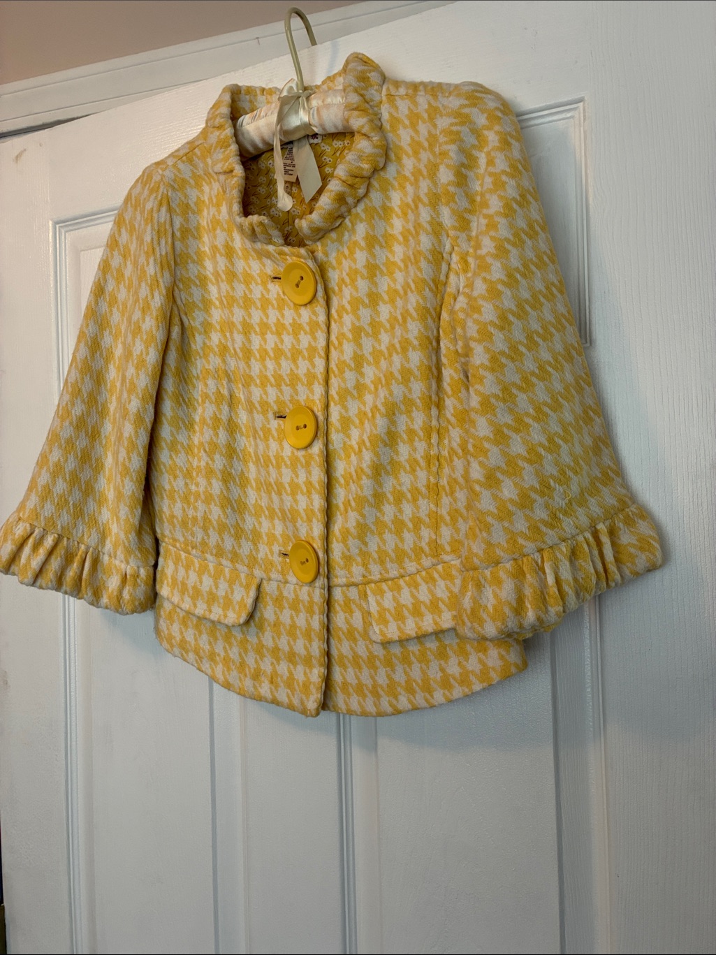 Forever 21 Yellow Houndstooth Ruffle-Trim Pea Coat